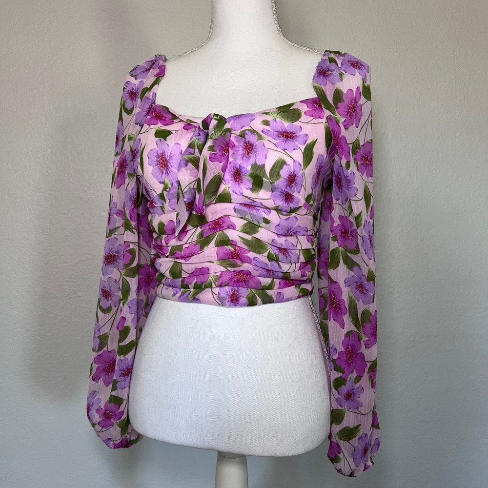 GB Pink Purple Floral Ruched Long Sleeve Square Neck Crop Top Smocked Size Med